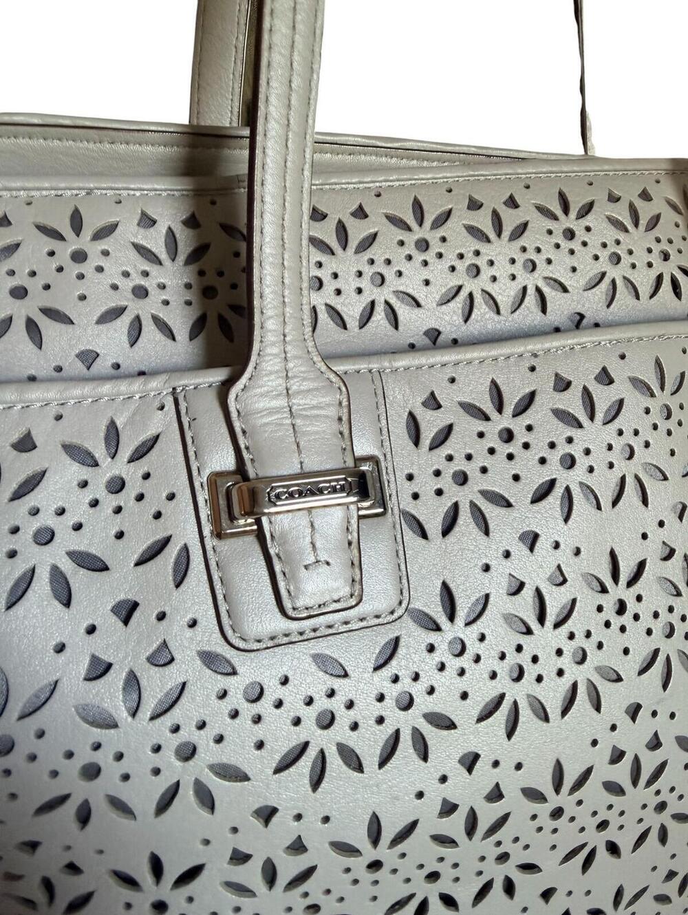 Coach Taylor Eyelet Carryall Tote Bag Light Gray Leather Floral Perforated - Picture 6 of 14